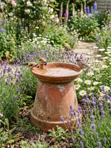 Flowerpot bird bath made from terracotta pots in a cottage garden.