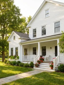 Classic white wood porch railings on a traditional home with a welcoming front entrance.
