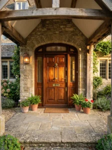 Classic mahogany wood front door with rich natural grain and timeless appeal.