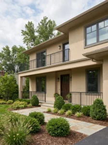 Simple vertical metal baluster railings offering a clean and timeless appearance.