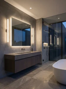 Vertical tube sconces creating sleek modern lighting in a contemporary bathroom.