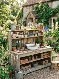 Vintage enamel basin sink in a cottage-style mud kitchen.