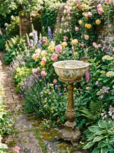 Repurposed lamp base used as a decorative bird bath.