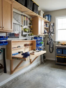 Fold-down garage workbench saving space when not in use.
