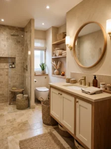 Warm beige bathroom with natural materials and cozy neutral styling.