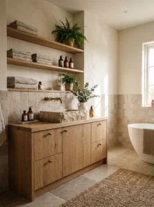 Bathroom with natural wood vanity and organic design elements.