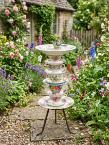 Decorative teacup tower bird bath in a cottage garden.
