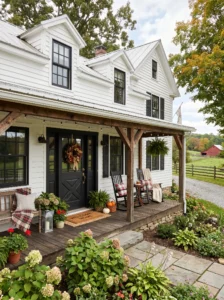 Black farmhouse-style front door with rustic crossbuck detailing.