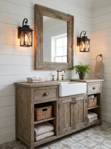 Farmhouse lantern sconces adding rustic character to a bathroom vanity.