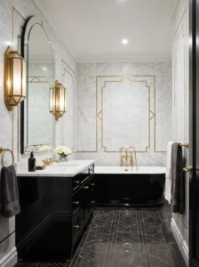 Art Deco bathroom sconces adding vintage glamour and sophisticated lighting.