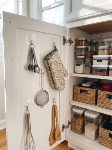 Adhesive hooks organizing small kitchen tools inside a cabinet door