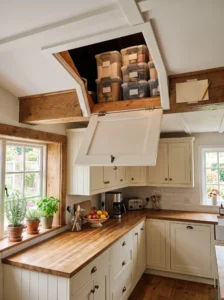 Attic storage above the kitchen for bulk pantry backstock