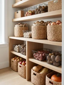 Open baskets for storing produce with airflow in a pantry