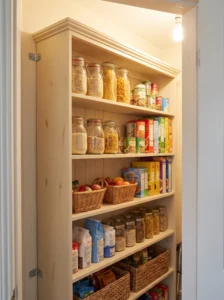 Repurposed old bookshelf used as pantry shelving