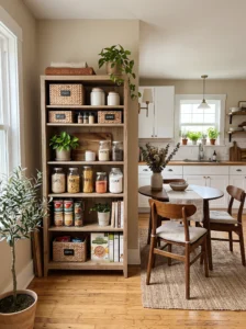 Freestanding bookshelf used as an overflow pantry in a small kitchen