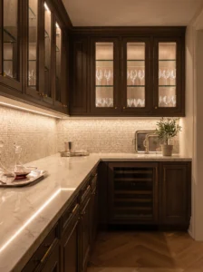Luxury butler's pantry with quartz countertops, elegant cabinets, and serving space.
