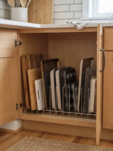 Vertical pantry rack organizing baking sheets and cutting boards