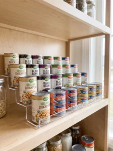 Organized pantry shelf for canned proteins and beans