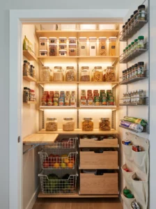 Spare closet converted into a working pantry with organized storage