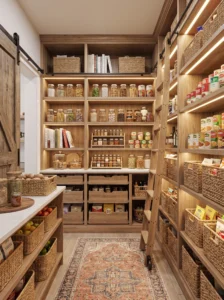 Converted closet transformed into a stylish walk-in pantry with custom shelving.