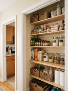Coat closet converted into extra pantry storage near a small kitchen