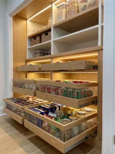 Pull-out drawers for frequently used items in a pantry closet
