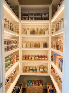 Under-shelf lighting illuminating a converted closet pantry