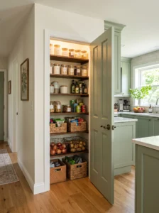 Unused closet converted into a spacious corner pantry near the kitchen