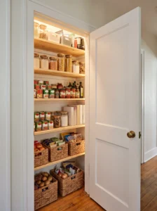 Coat closet converted into a compact kitchen pantry with shelving