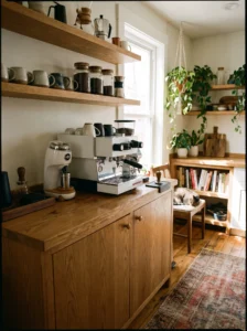 Walk-in pantry coffee station with espresso machine, mugs, and organized coffee supplies.
