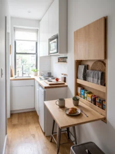Hidden pantry shelves behind a fold-down kitchen table