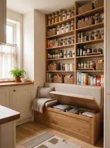 Small pantry with a built-in bench seat and hidden storage