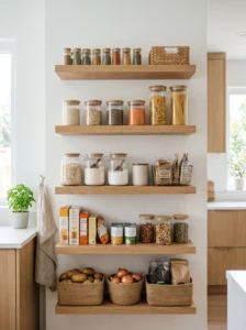 Small pantry with sleek floating shelves and organized jars