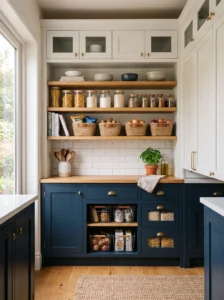 Two-tone small pantry with navy lower and white upper cabinets