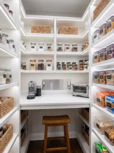 Power outlet and appliance station in a converted pantry closet