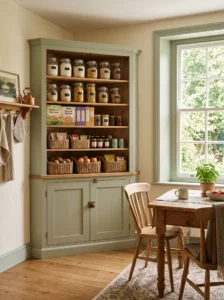 Corner pantry cupboard with adjustable shelves for flexible kitchen storage