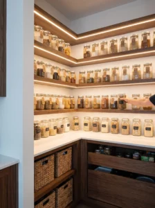 Corner walk-in pantry with angled shelves, organized food storage, and bright lighting.