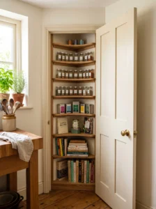 Corner pantry shelves hidden behind a swinging kitchen door