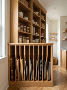 Built-in cutting board and tray slots in pantry shelving