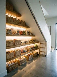 Custom under-stairs walk-in pantry with wooden shelving and smart storage solutions.