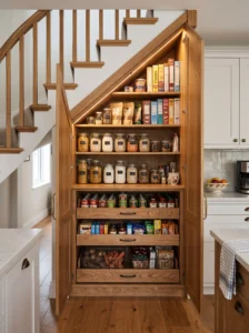 Under-stairs pantry with custom shelves and pull-out storage