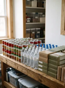Organized pantry emergency stock shelf with backup food supplies