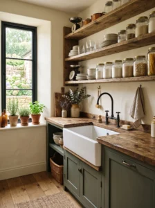 White apron-front farmhouse sink in a rustic butler's pantry.