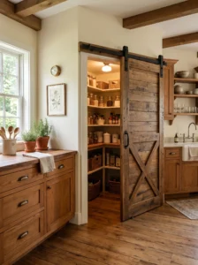 Corner pantry with sliding barn door in a rustic farmhouse kitchen
