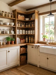 Open corner shelving unit with baskets and glass jars in a farmhouse kitchen
