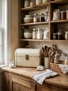 Vintage enamel bread box displayed on a rustic farmhouse pantry counter.