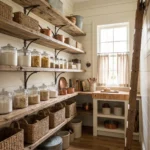 Farmhouse-style pantry with rustic wood shelving, glass jars, woven baskets, and black iron accents.