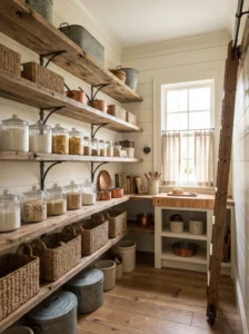 Farmhouse-style pantry with rustic wood shelving, glass jars, woven baskets, and black iron accents.