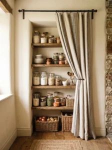 Linen farmhouse curtain covering a rustic pantry nook instead of a door.