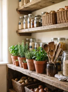 Alt Text: Terracotta pots holding herbs and wooden utensils on a farmhouse pantry shelf.